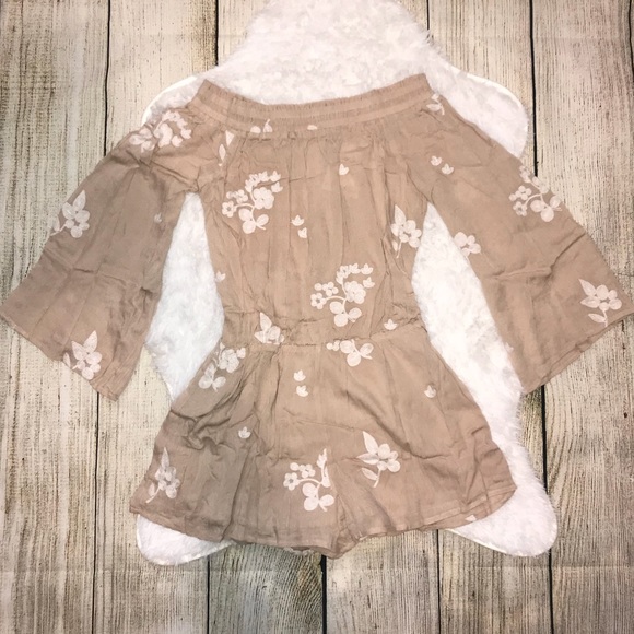 Off the Shoulder Taupe Embroidered Romper - Picture 5 of 8